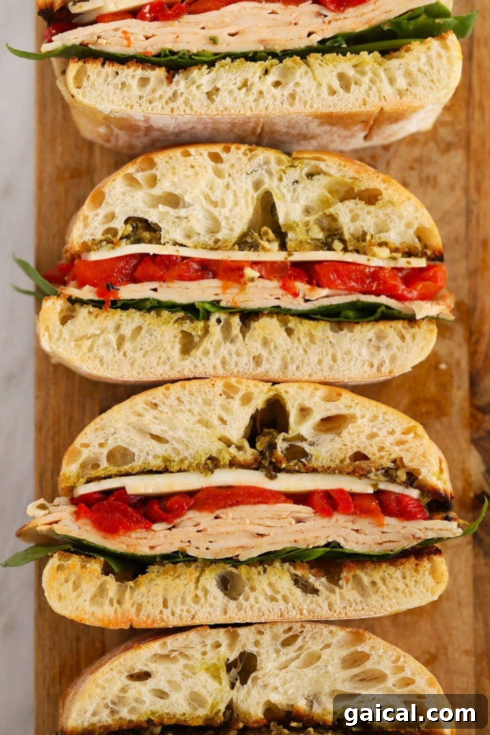 Grilled Roasted Red Pepper, Pesto & Turkey Sandwich on a cutting board, ready to be served