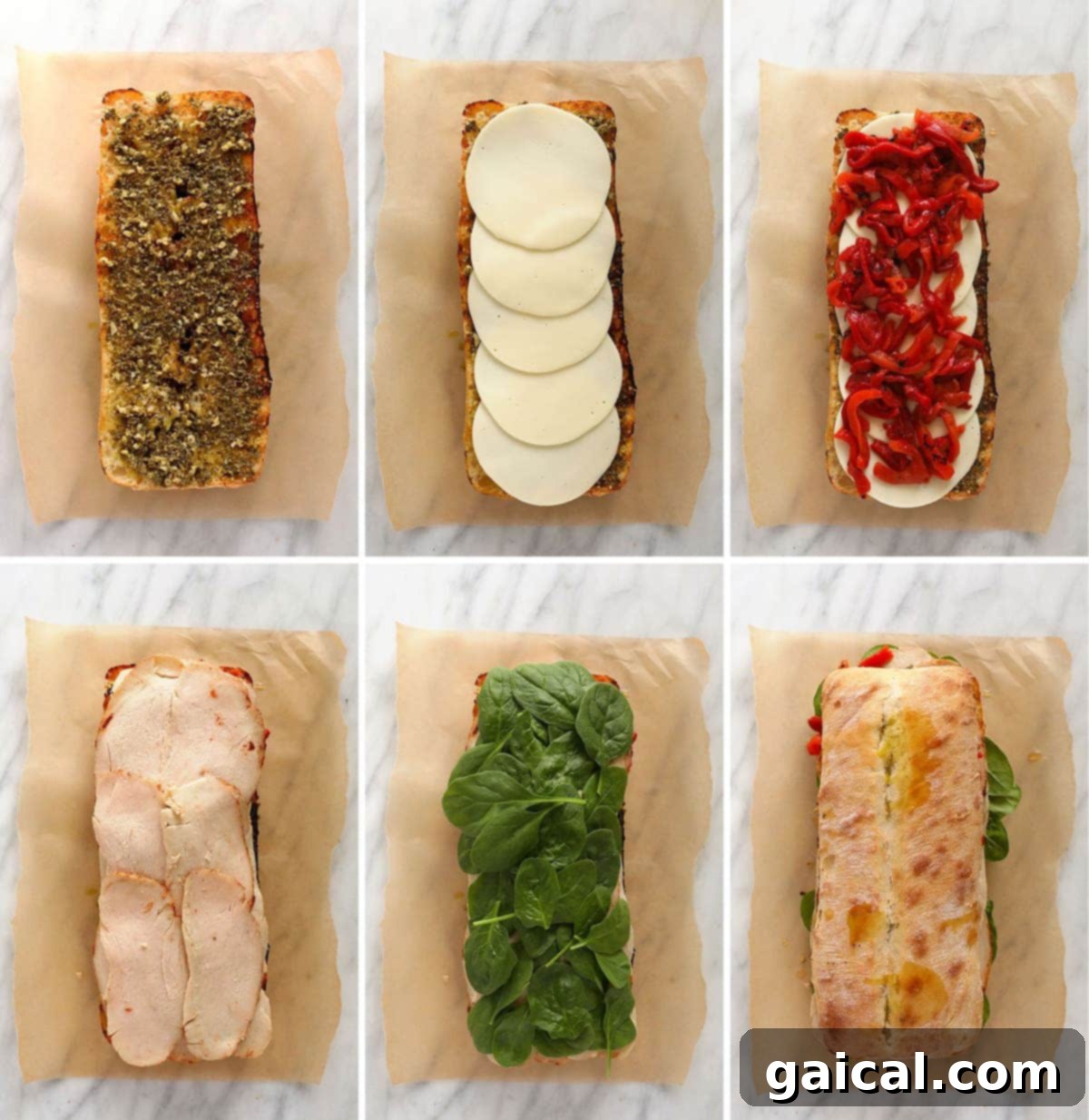 Layering all the fresh ingredients for the grilled sandwich on a sliced ciabatta bread
