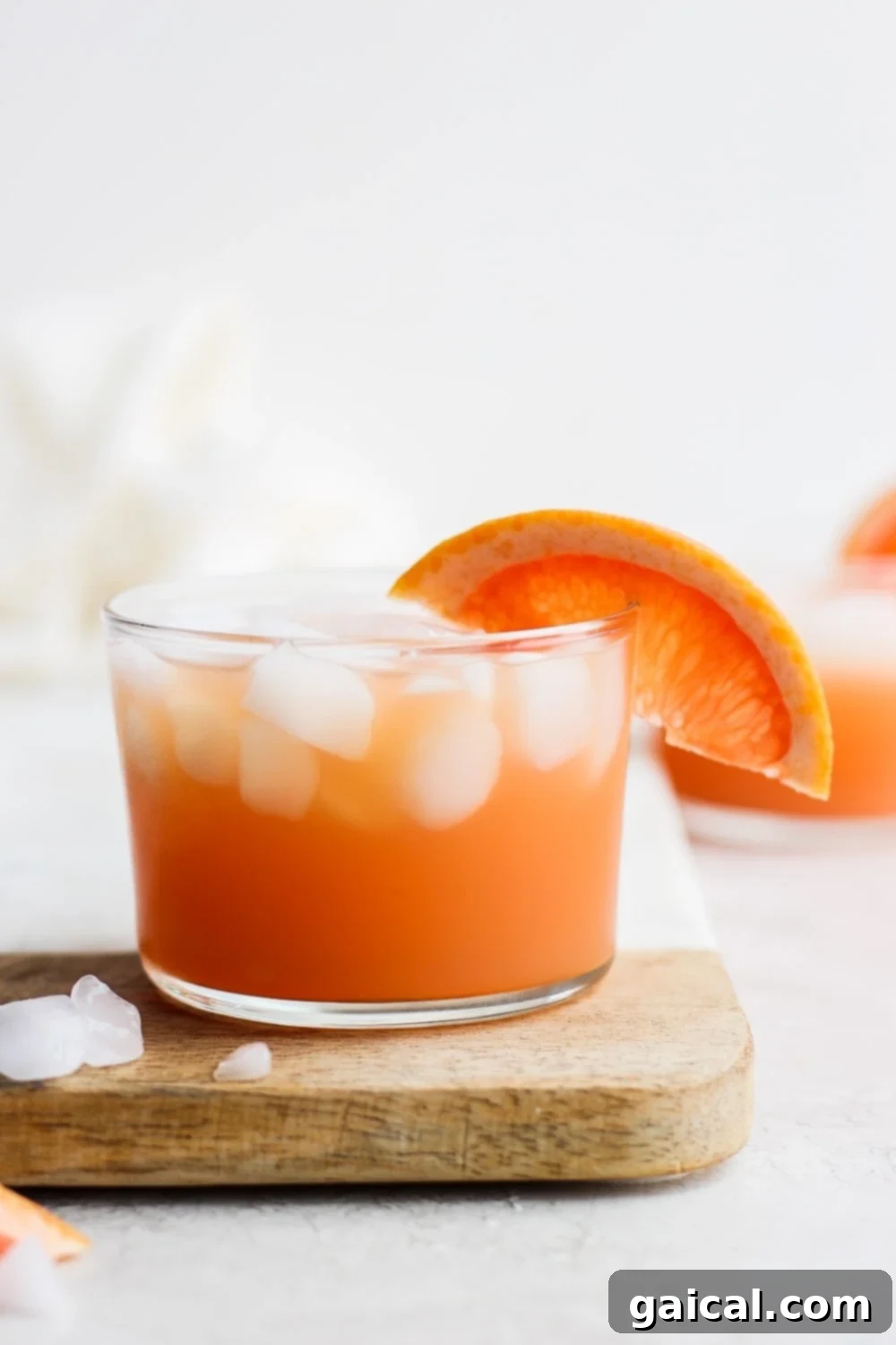 Paloma Perfection A close-up of a Paloma cocktail, adorned with a grapefruit slice and ice, showcasing its refreshing appeal.