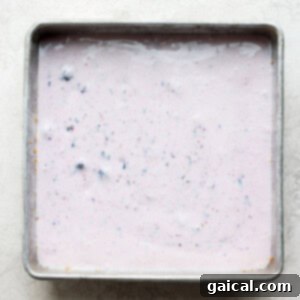 Blueberry cheesecake bars baking in the oven in a square pan.