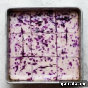 Finished blueberry cheesecake bars cooling in the pan after baking.