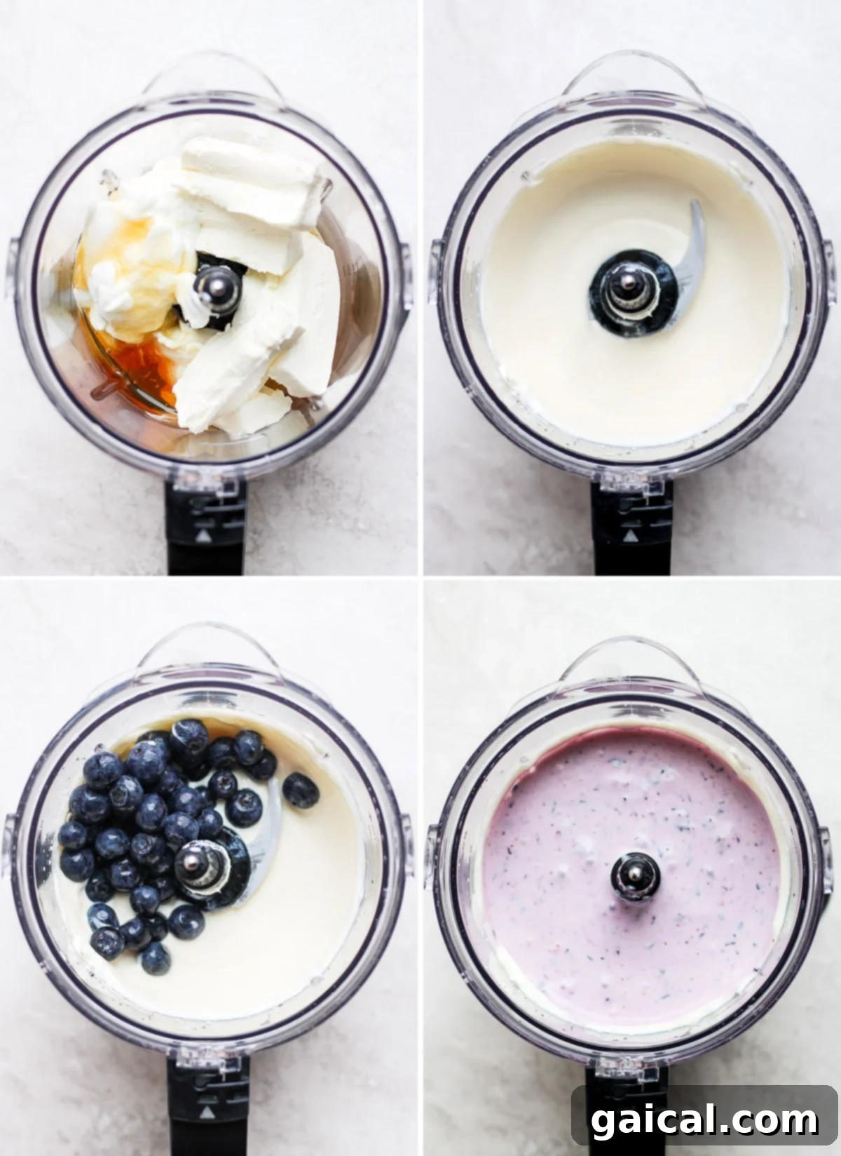 Creamy blueberry cheesecake filling in a food processor bowl, blended to a smooth, vibrant purple hue, ready to be poured.