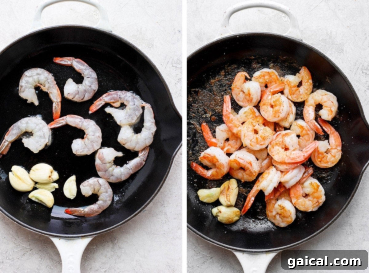 Vibrant Shrimp Salad 3 fresh shrimp being sautéed in a cast iron skillet