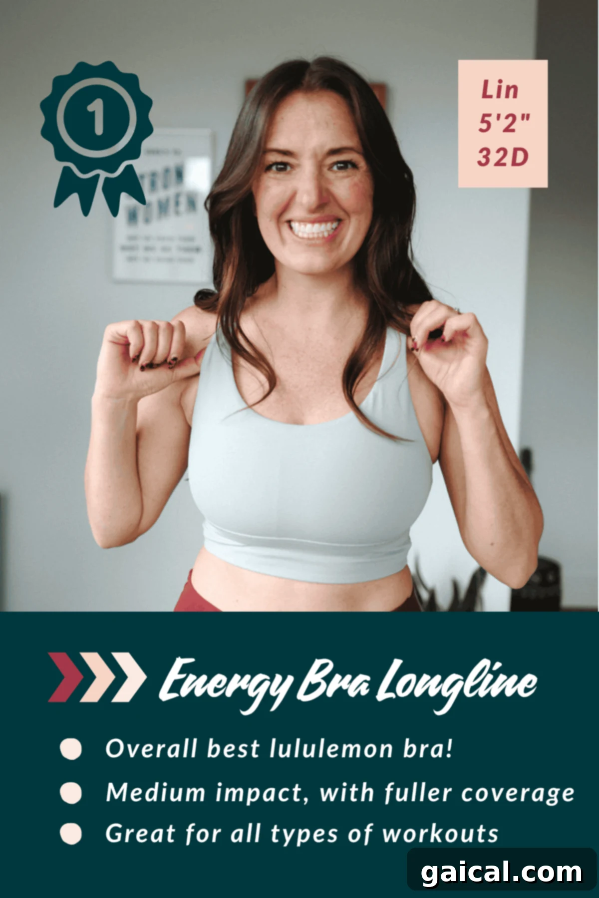The Energy Bra is a medium-support, B-D cup sports bra. It's a racerback and comes in a variety of different styles. A woman smiles while wearing a pale blue sports bra. Text highlights the "Energy Bra Longline" as the best Lululemon bra, ideal for medium impact, with fuller coverage.