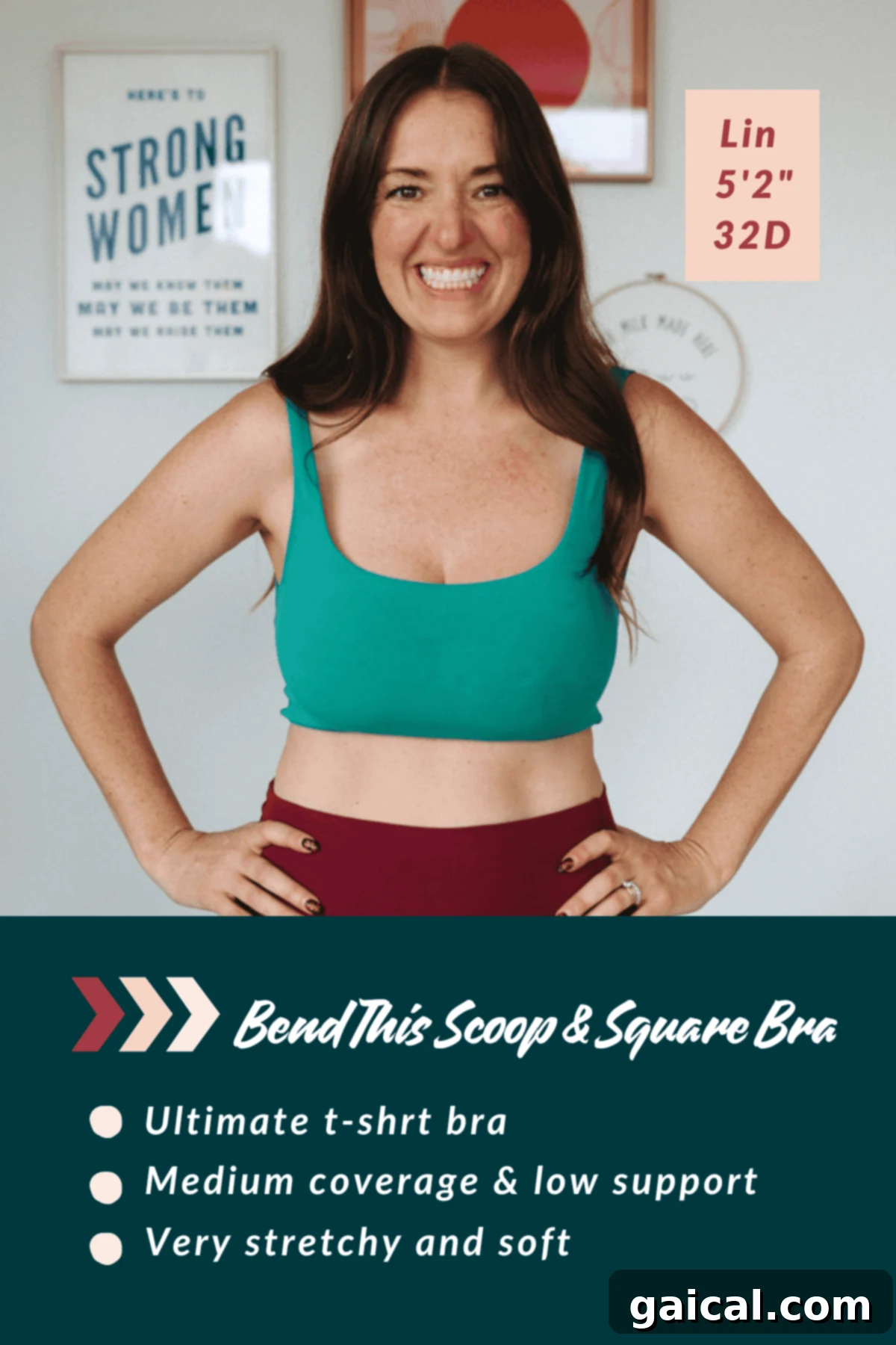 The Ultimate Lululemon Sports Bra Guide 3 Woman wearing a green sports bra and red leggings smiles, standing in front of framed posters. Text on image highlights features of the bra.