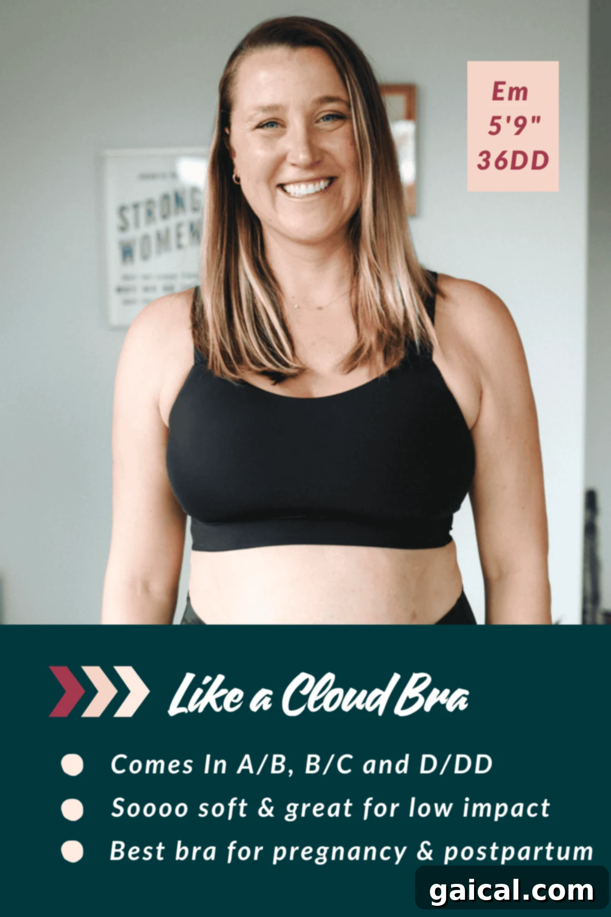 The Ultimate Lululemon Sports Bra Guide 4 A woman smiling, wearing a black sports bra. Text highlights features: available in sizes A/B, B/C, D/DD, soft, suitable for low impact, and ideal for pregnancy and postpartum.