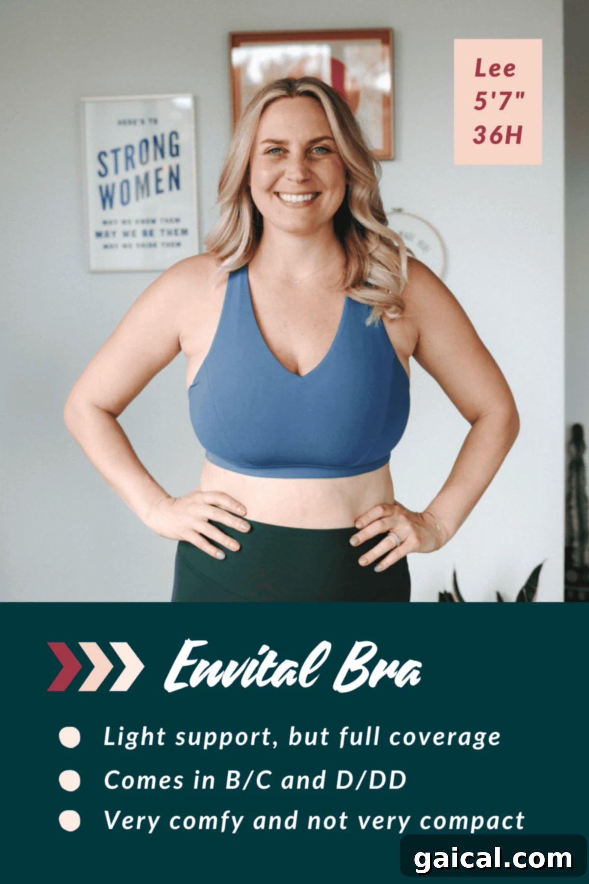The Ultimate Lululemon Sports Bra Guide 5 A woman wearing a blue sports bra smiles at the camera. Text on the image includes product details about the "Envital Bra," such as size options and features.