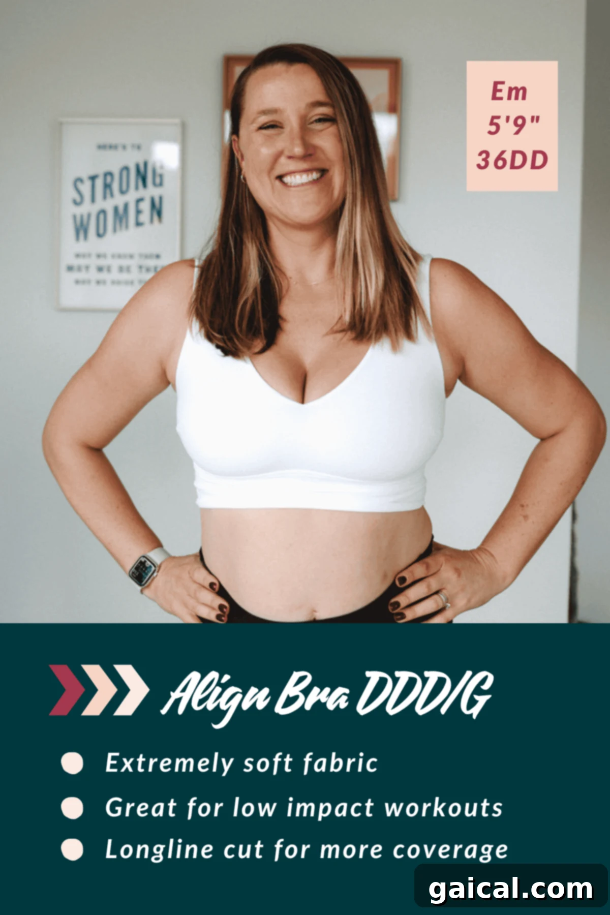 The Ultimate Lululemon Sports Bra Guide 6 Smiling woman wearing a white sports bra, with text detailing the bra’s features: soft fabric, suitable for low-impact workouts, and longline cut for more coverage.