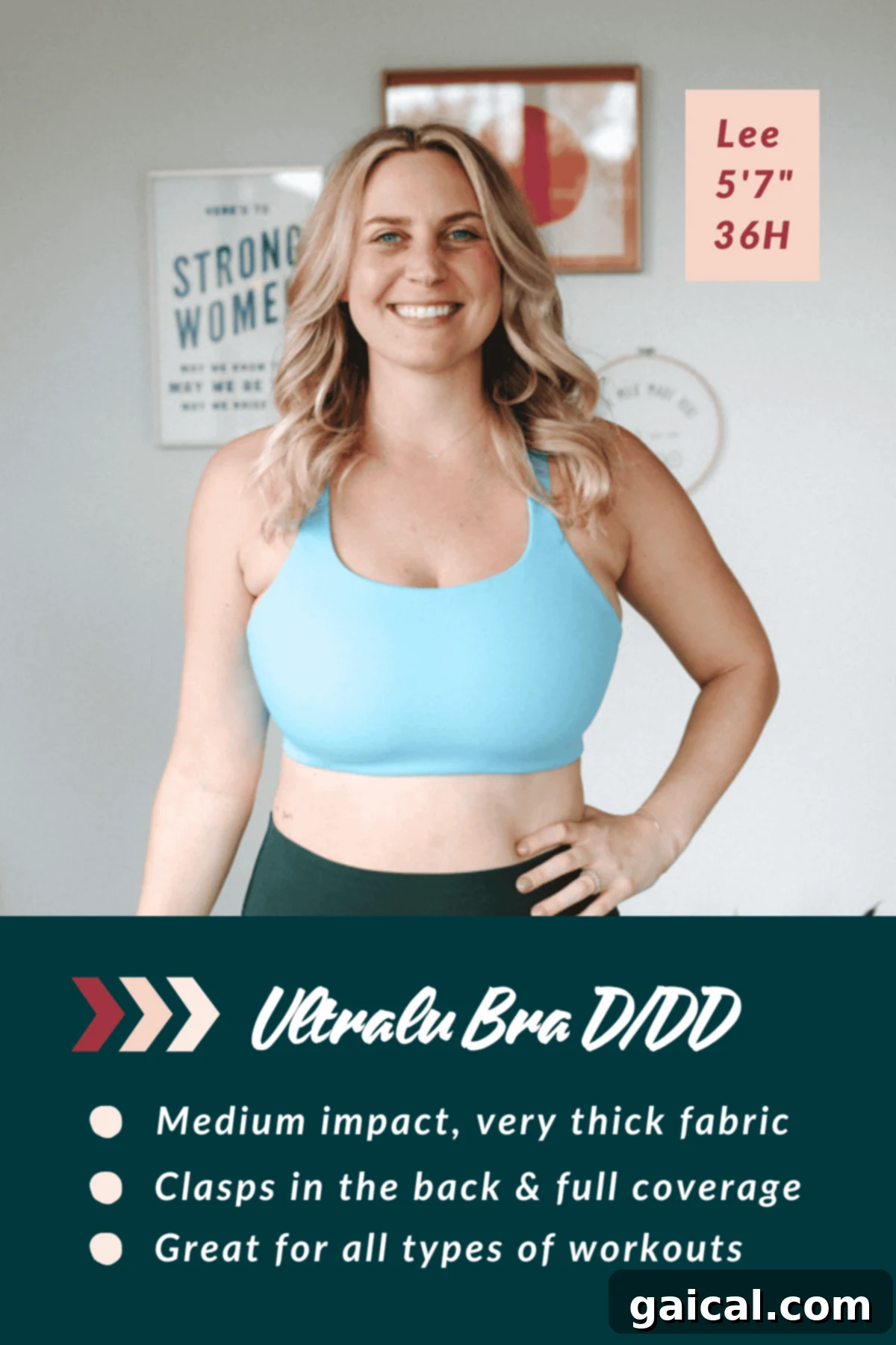 The Ultimate Lululemon Sports Bra Guide 7 A woman wearing a blue sports bra smiles at the camera. Text beside her reads:
