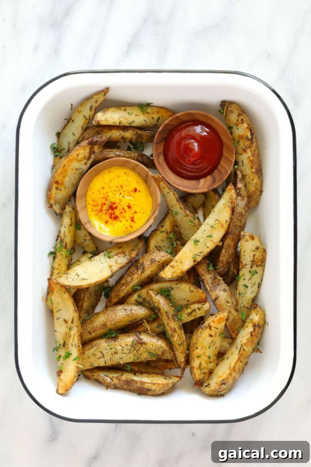 Crispy Roasted Potato Wedges 2 Crispy oven-baked potato wedges served in a platter with ketchup and mustard dipping sauces.