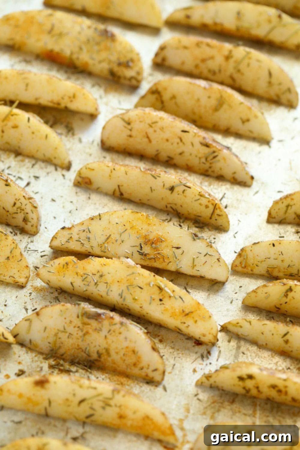 Crispy Roasted Potato Wedges 5 Unbaked potato wedges coated in olive oil and herbs, spread out on a baking pan, ready for the oven.