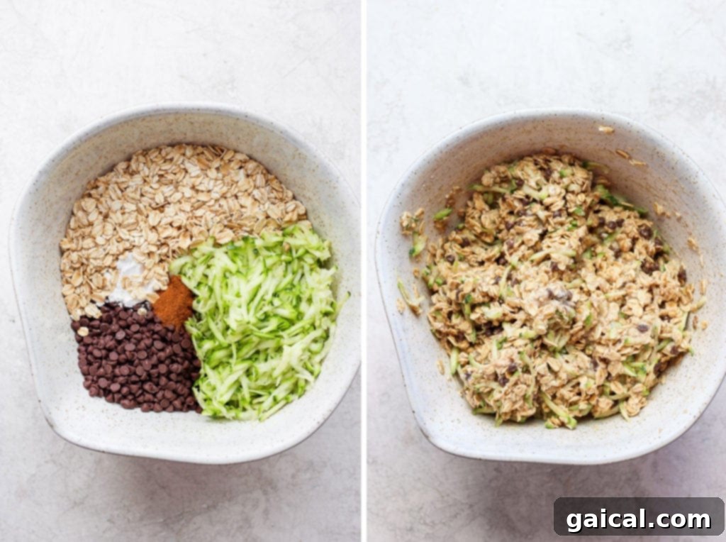 Ingredients for the zucchini oatmeal cups in a mixing bowl. 