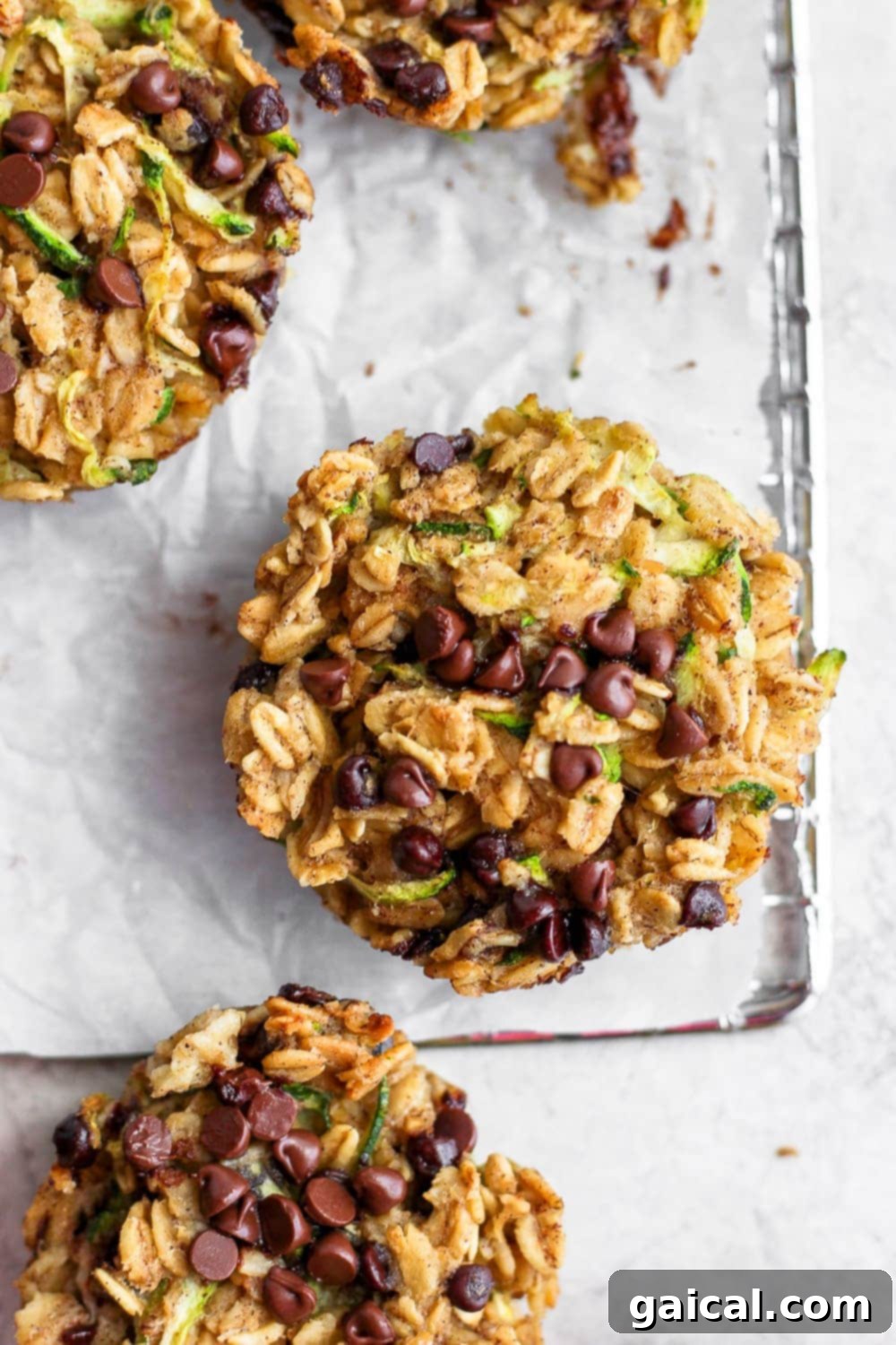 A chocolate chip zucchini oatmeal cup baked and ready to eat. 