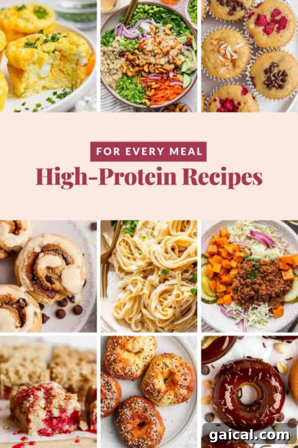 A collage showcasing various high-protein meals and snacks, including muffins, salads, pasta, cinnamon rolls, bagels, and donuts, with the text 'For Every Meal: High-Protein Recipes' in the center.