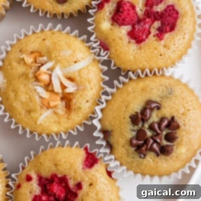 Assorted muffins topped with shredded coconut, chocolate chips, and raspberries in paper liners.