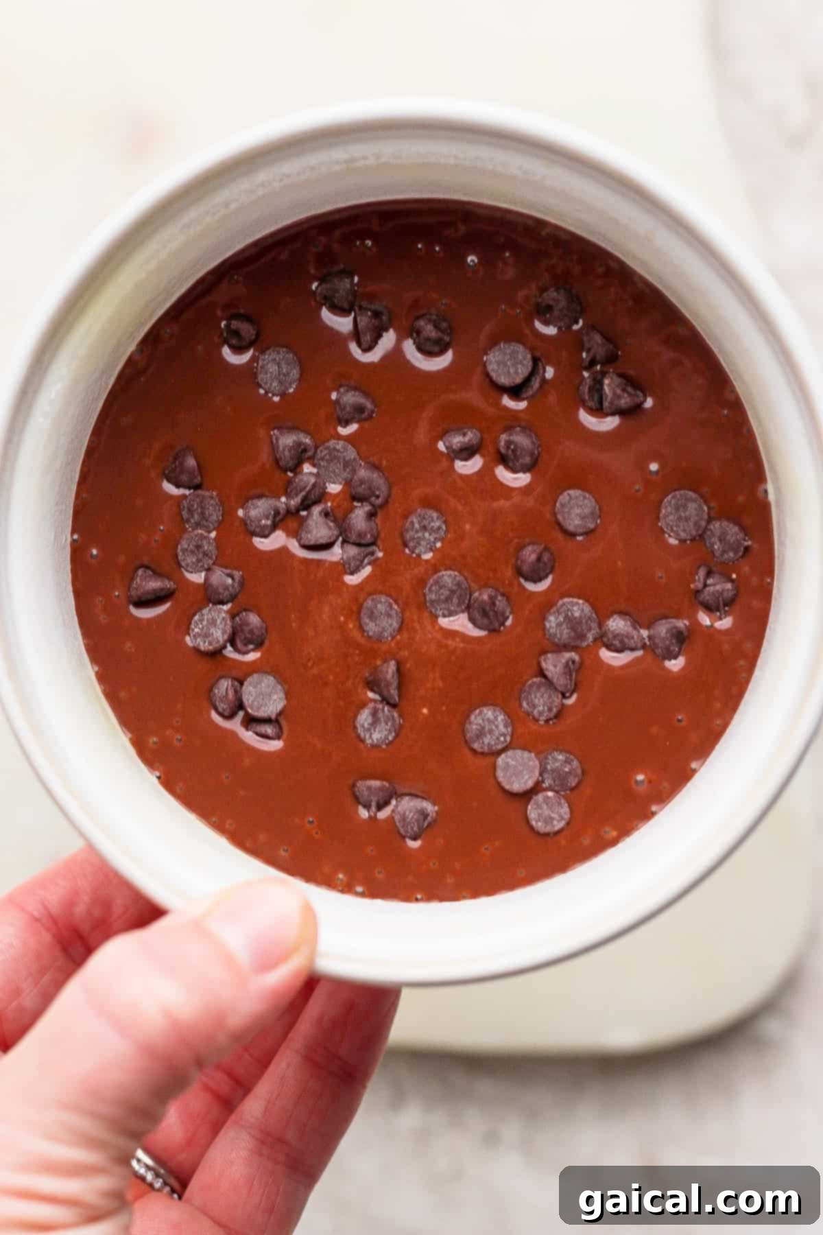 Cottage Cheese Chocolate Delight 6 Batter topped with chocolate chips