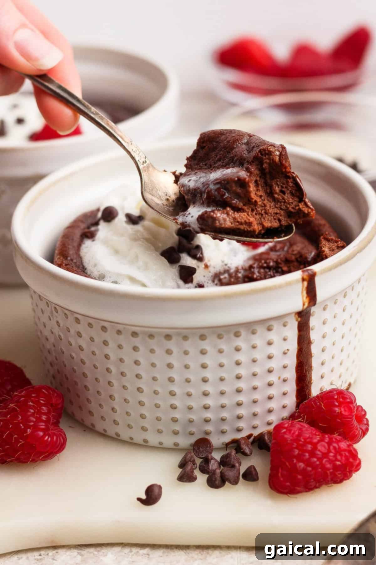 Cottage Cheese Chocolate Delight 7 A spoonful of cottage cheese brownie with toppings.