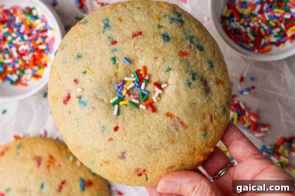 A hand holding a giant sugar cookie with colorful sprinkles, surrounded by bowls of sprinkles and another cookie.