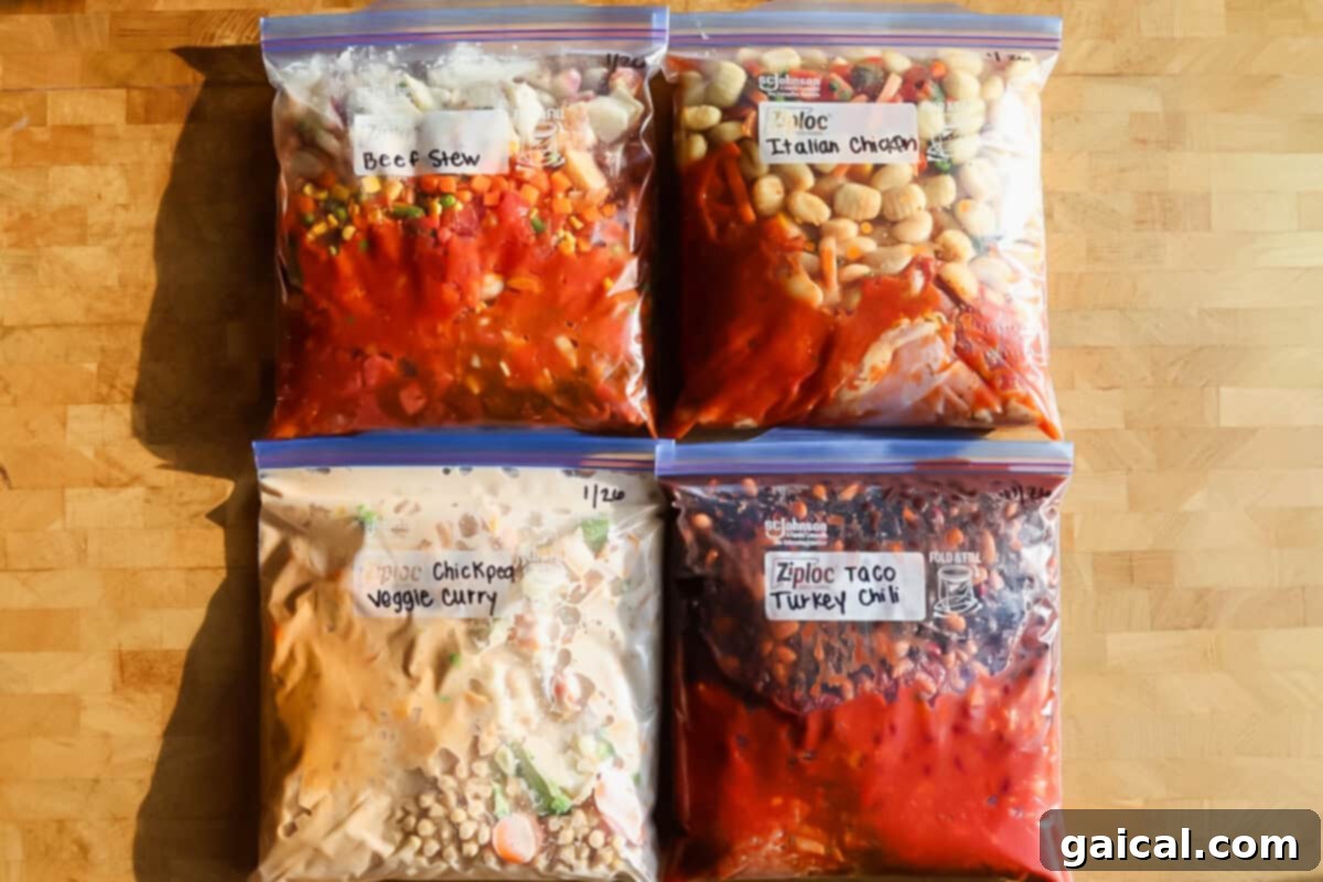 Four labeled freezer bags filled with homemade meals: beef stew, Italian chicken, chickpea veggie curry, and taco turkey chili.