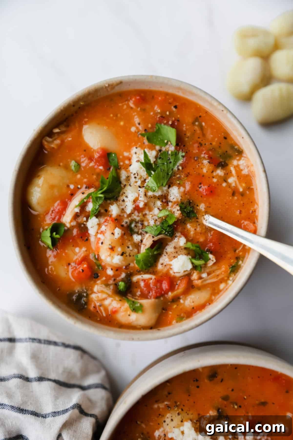 A bowl of Italian Chicken Gnocchi Soup.