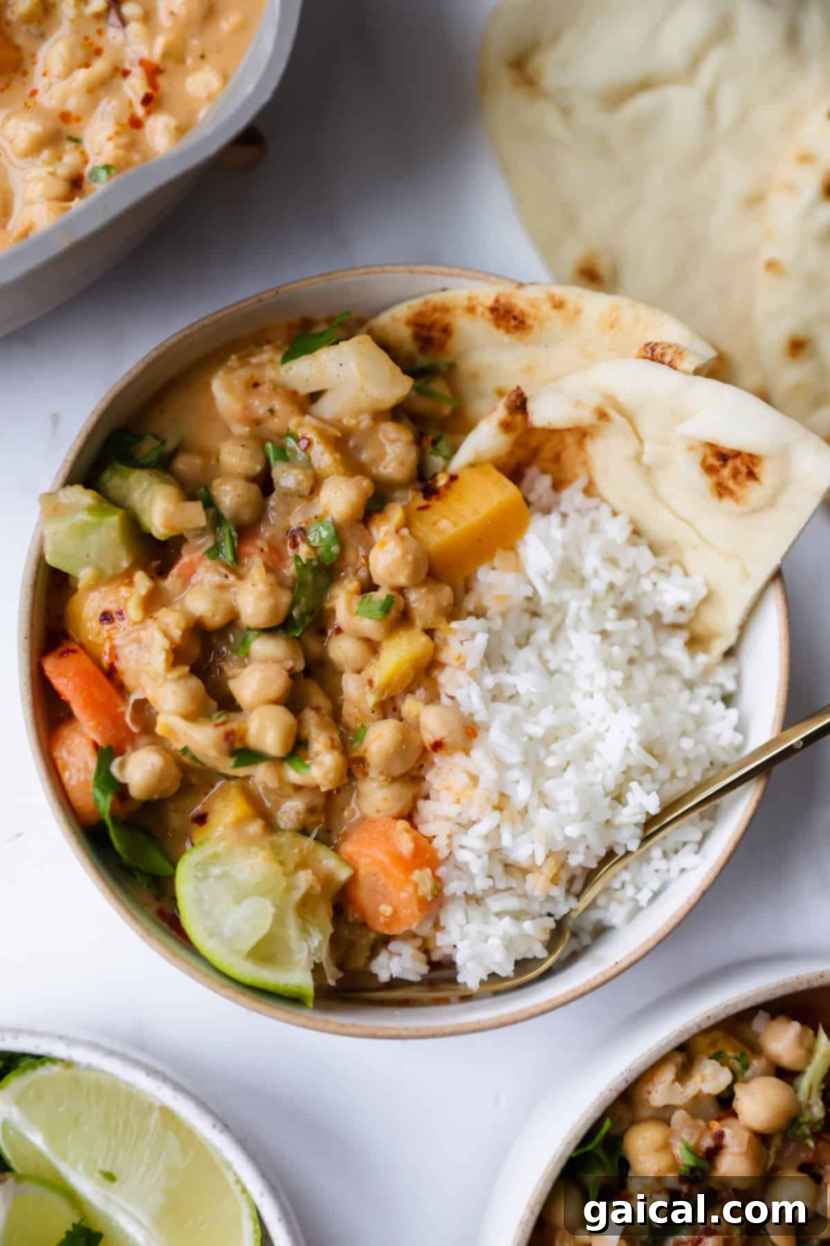 A bowl of flavorful Chickpea Vegetable Curry with rice and naan.