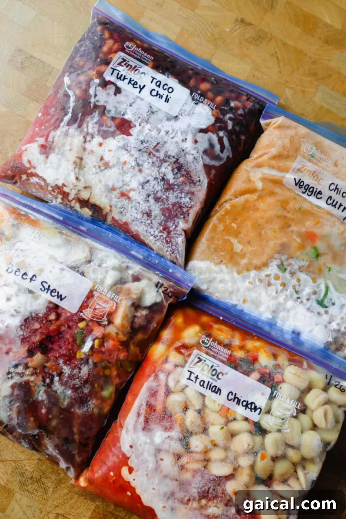 Four labeled freezer bags filled with frozen meals: taco turkey chili, veggie curry, beef stew, and Italian chicken.