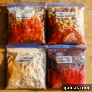 Four labeled Ziploc bags filled with different homemade frozen meals: beef stew, Italian chili, chickpea veggie curry, and taco turkey chili, arranged on a wooden surface.