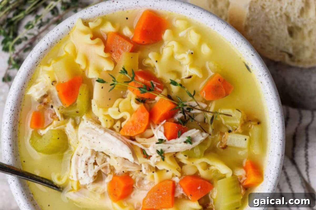 A comforting bowl of high-protein creamy chicken soup with carrots, celery, noodles, shredded chicken, and fresh thyme, served with a slice of crusty bread.
