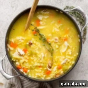 A pot of chicken noodle soup with carrots and herbs, a wooden spoon, and a striped towel on a light surface.