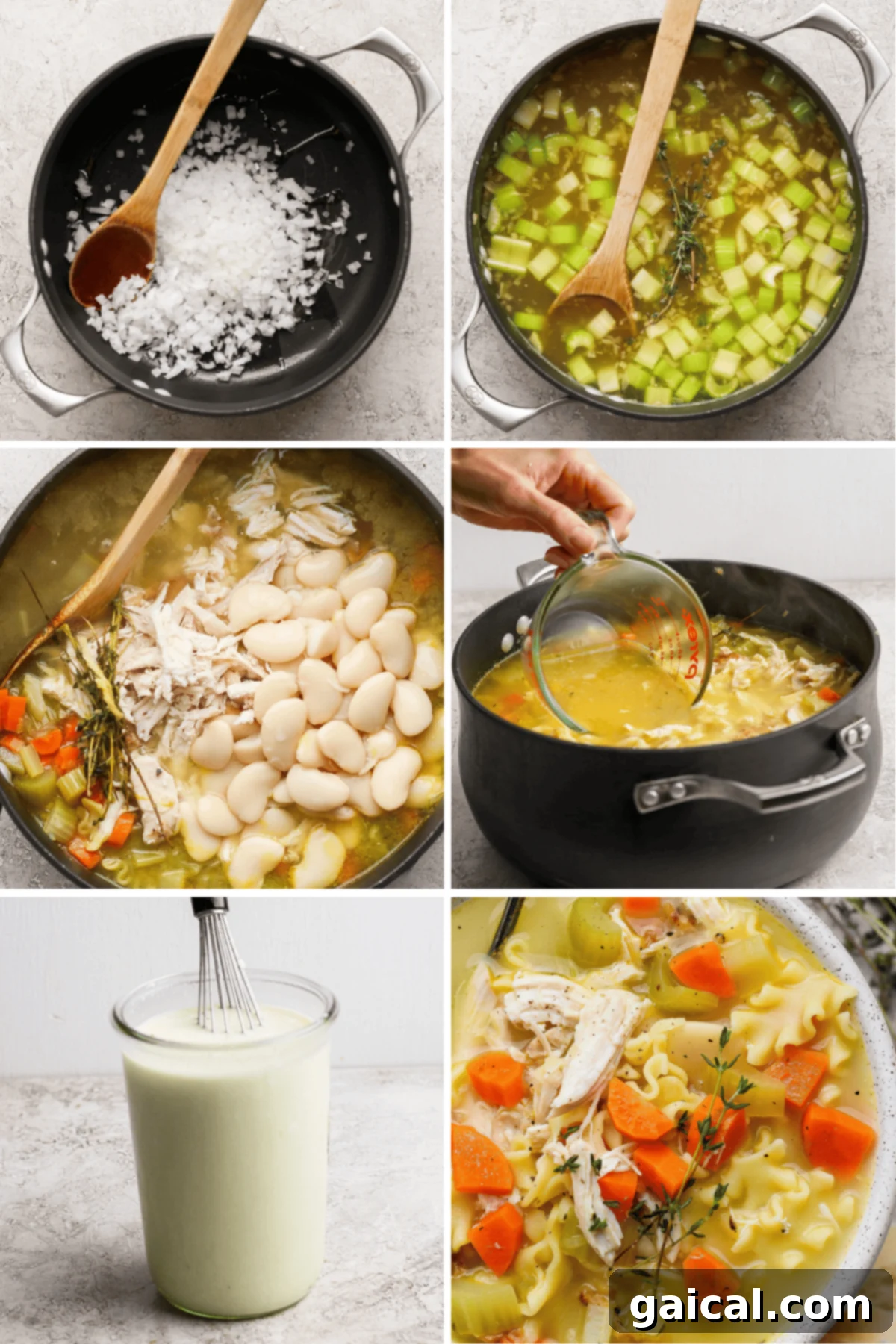 A step-by-step collage showing the process of making high-protein creamy chicken soup, including sautéing onions, adding vegetables and chicken, stirring in broth, and the finished soup served in a bowl.