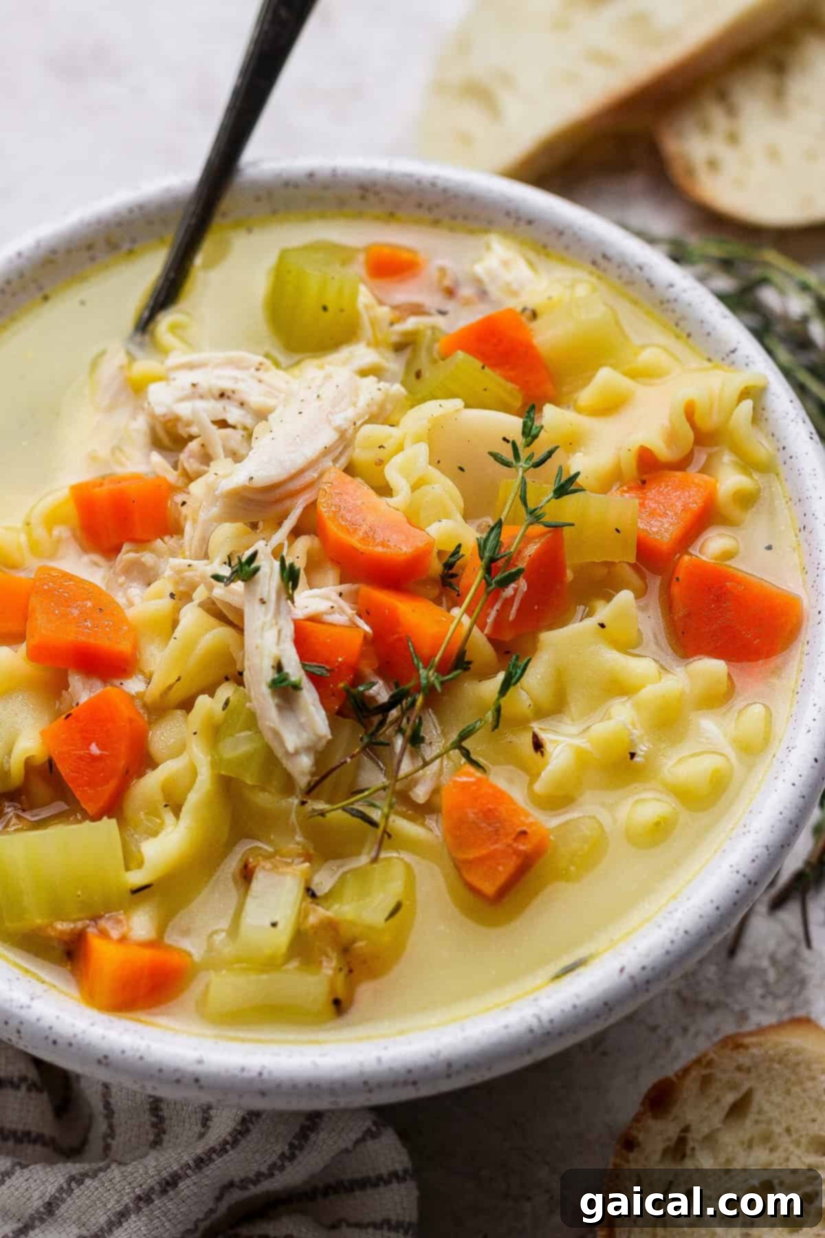 A comforting bowl of chicken noodle soup with carrots, celery, lasagna-style noodles, and fresh thyme, served with bread slices on the side.