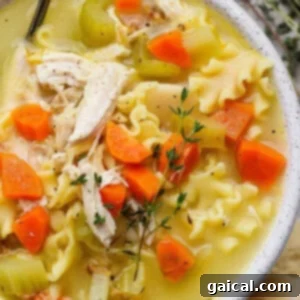 A close-up of chicken noodle soup with shredded chicken, carrots, celery, mafaldine noodles, and a sprig of thyme in a white bowl.