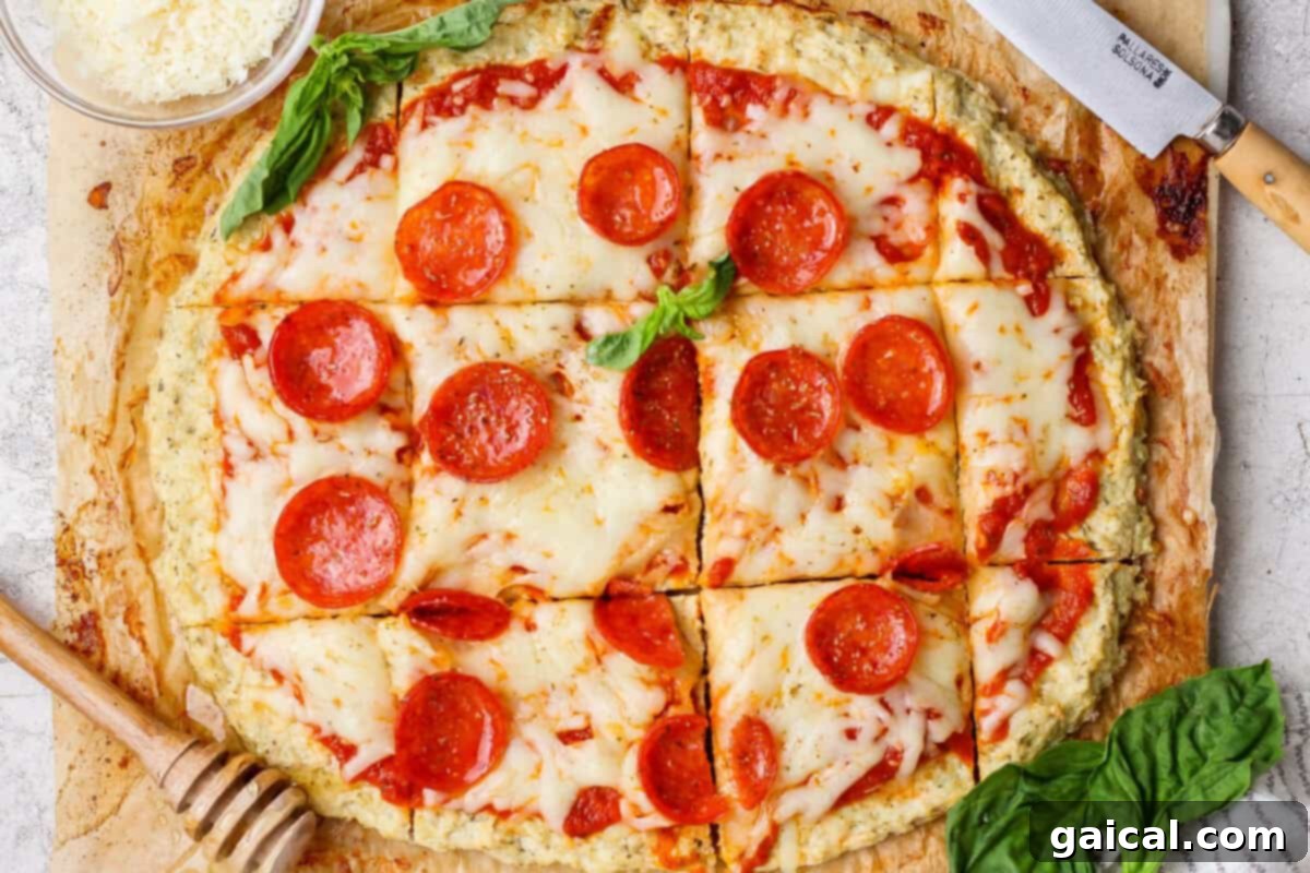 A delicious chicken crust pizza with melted cheese and pepperoni, garnished with basil.
