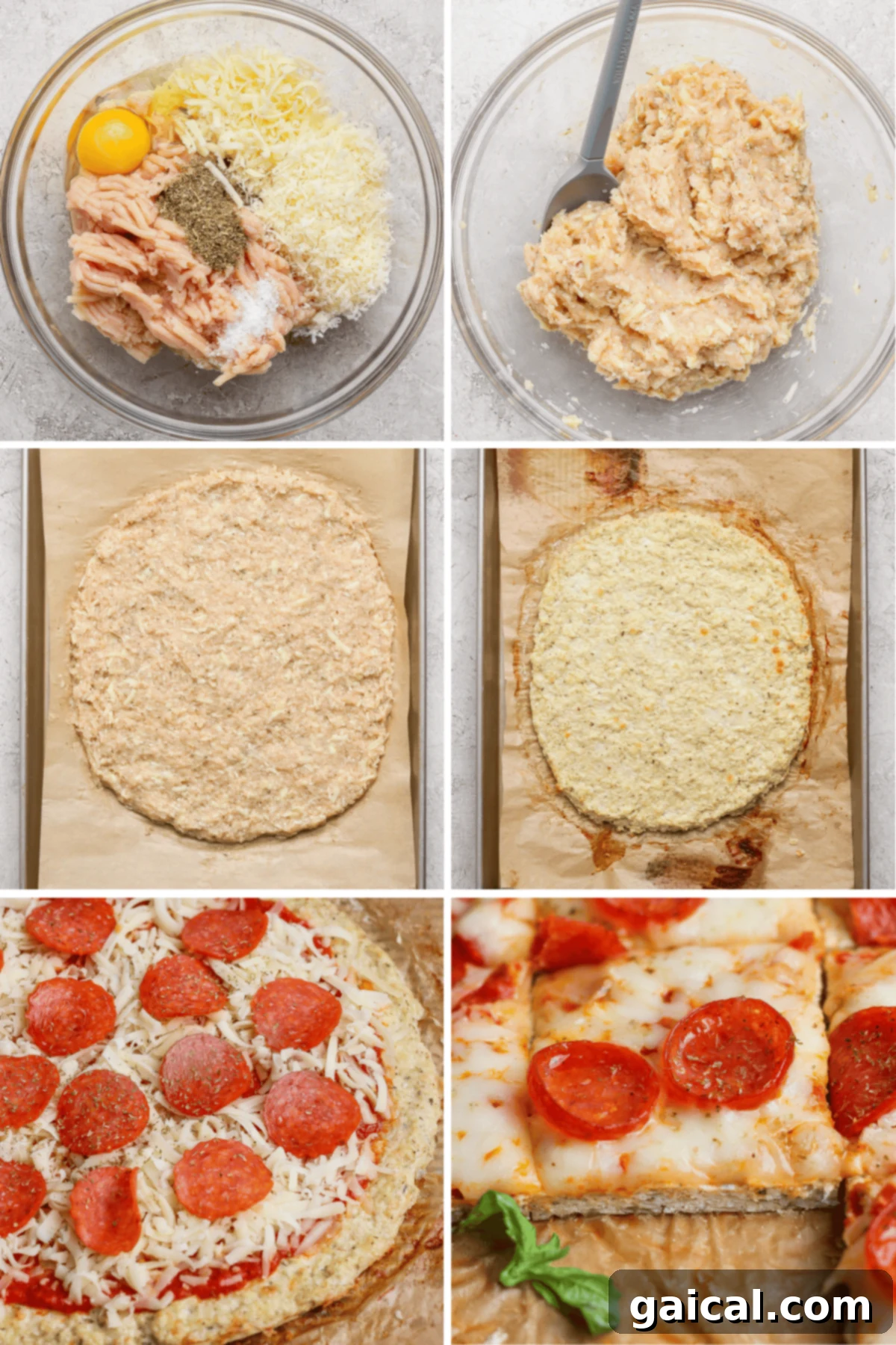Step-by-step instructions for making chicken crust pizza.