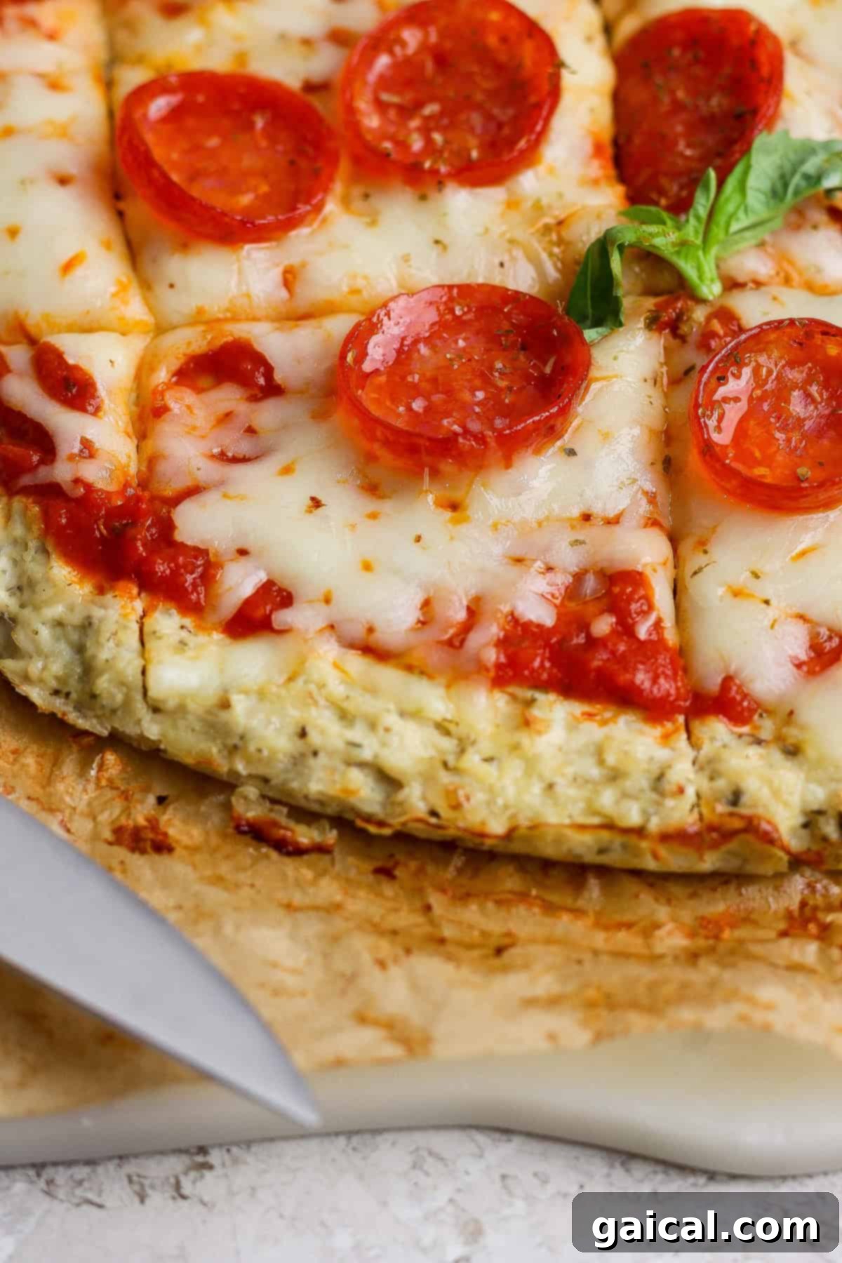 Sliced chicken crust pizza ready to serve.