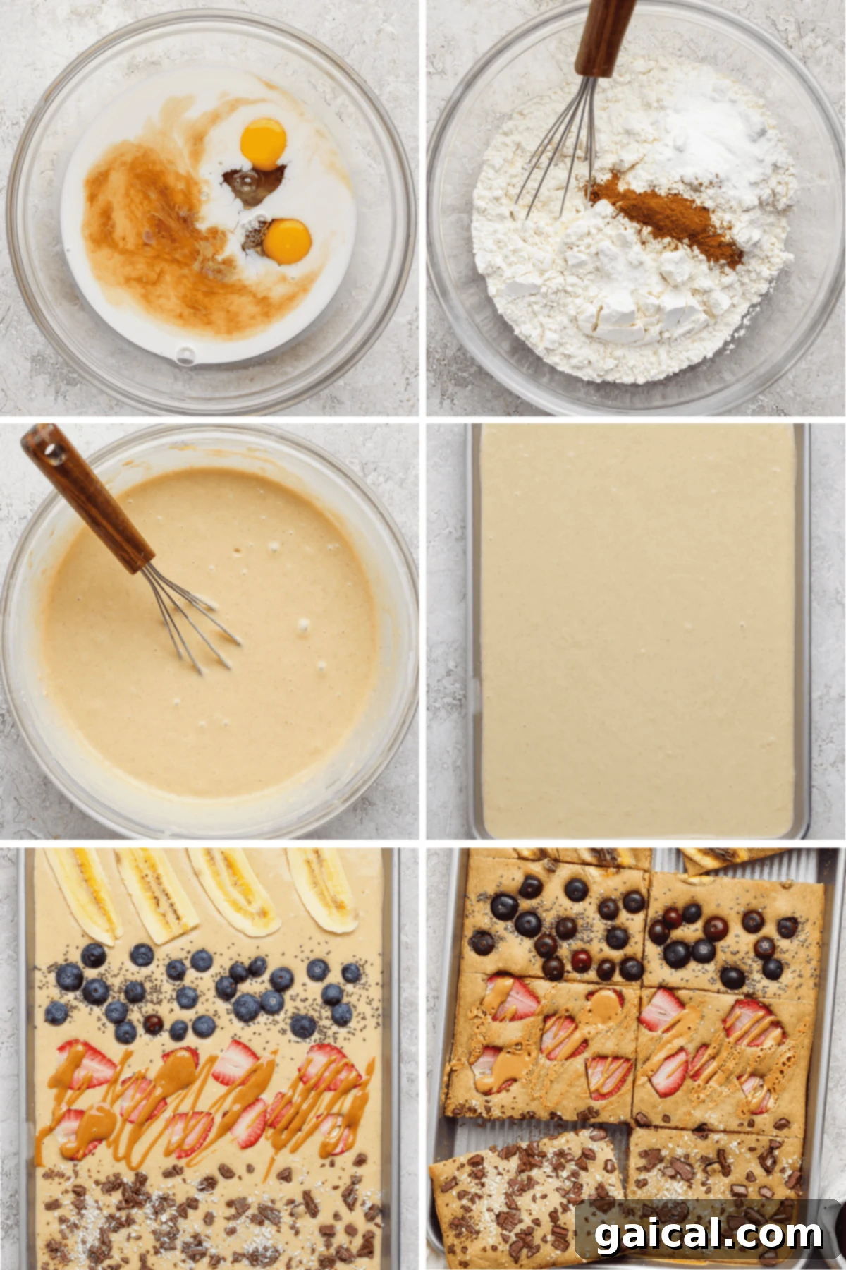 Step-by-step process of making sheet pan protein pancakes
