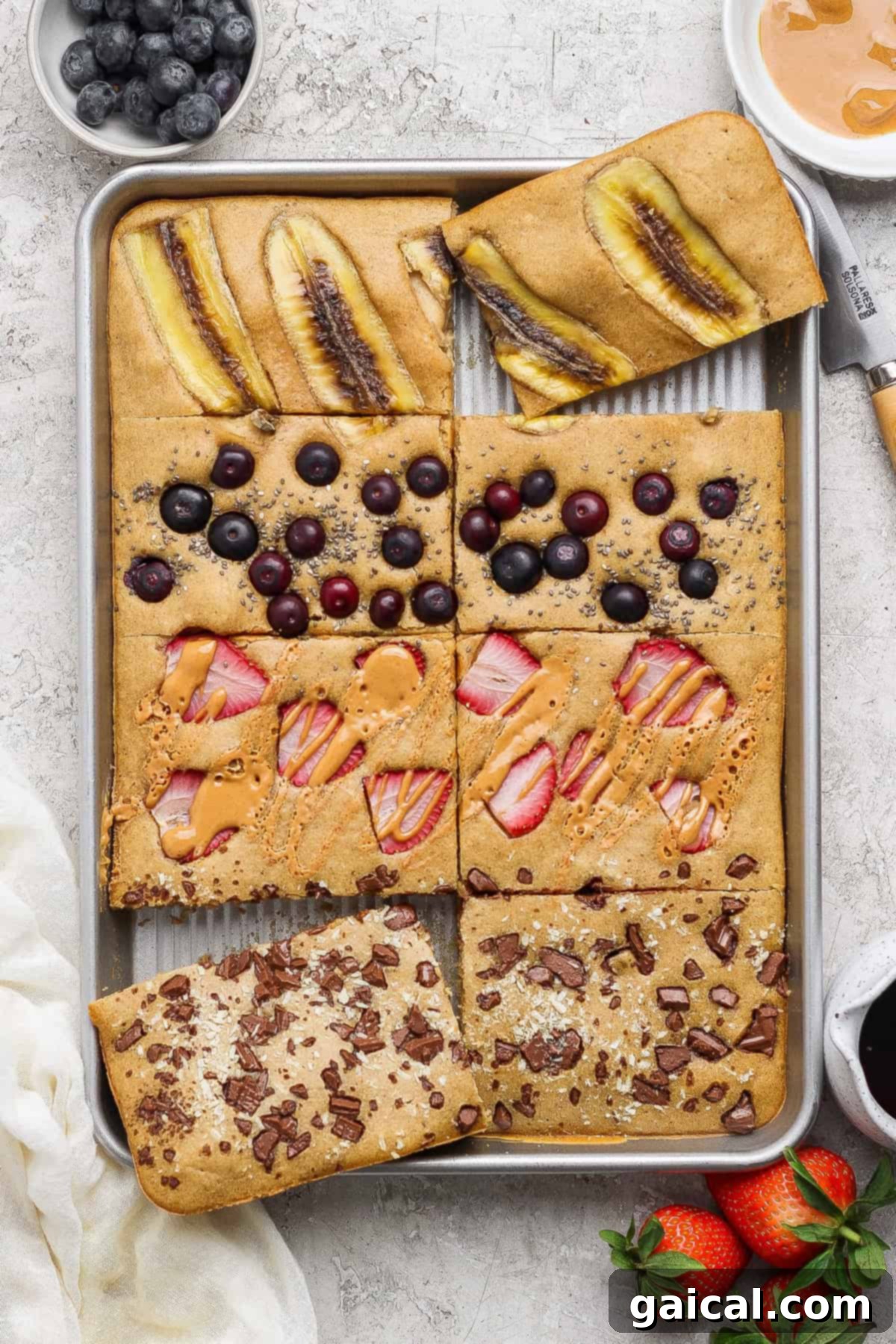 Sheet pan pancakes with different toppings