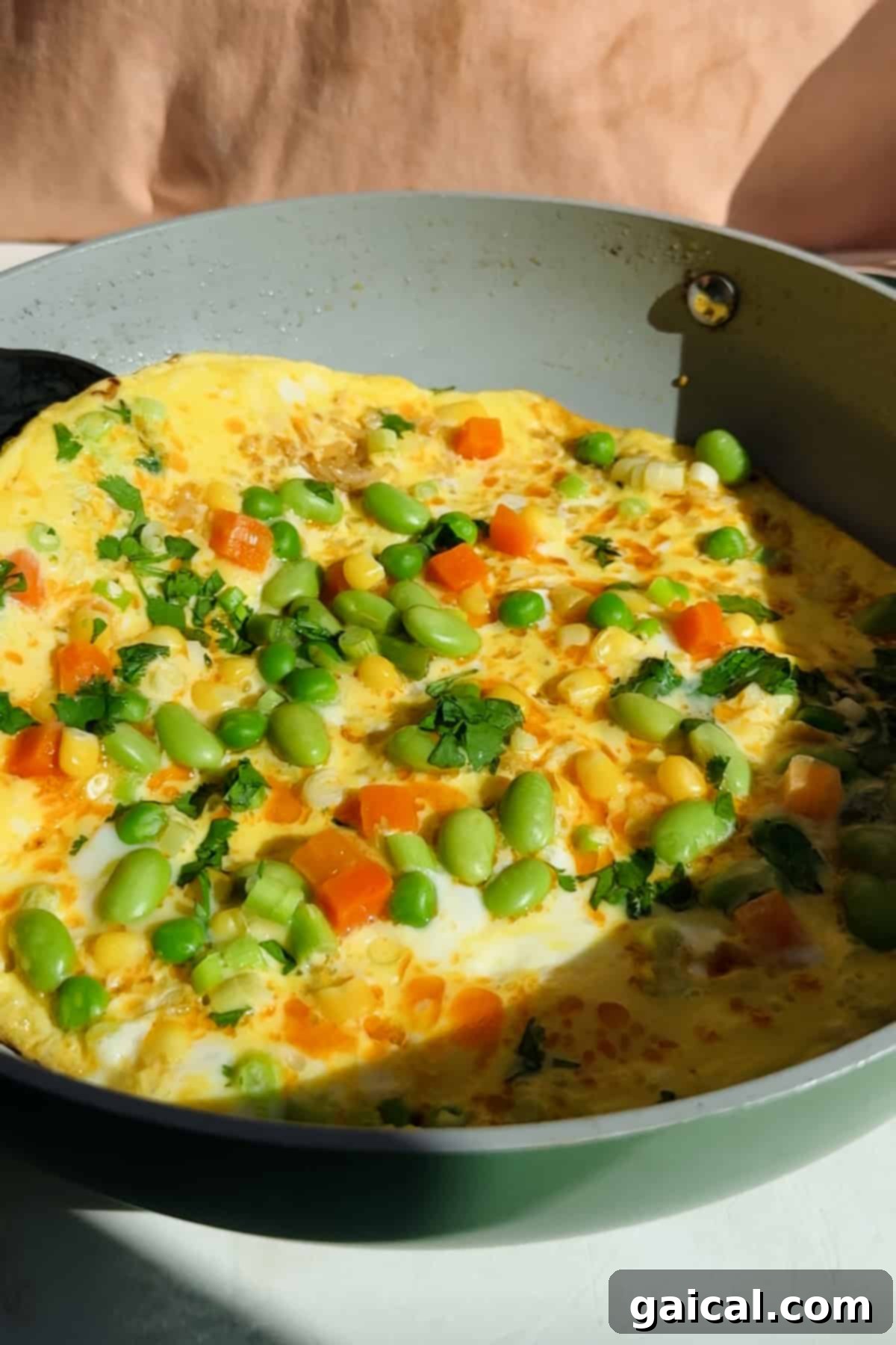 Omelette in a pan with vegetables