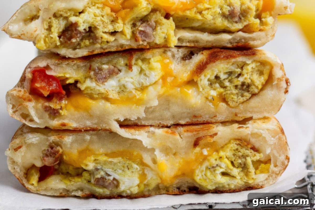 Breakfast stuffed English muffins filled with scrambled eggs, sausage, and cheese
