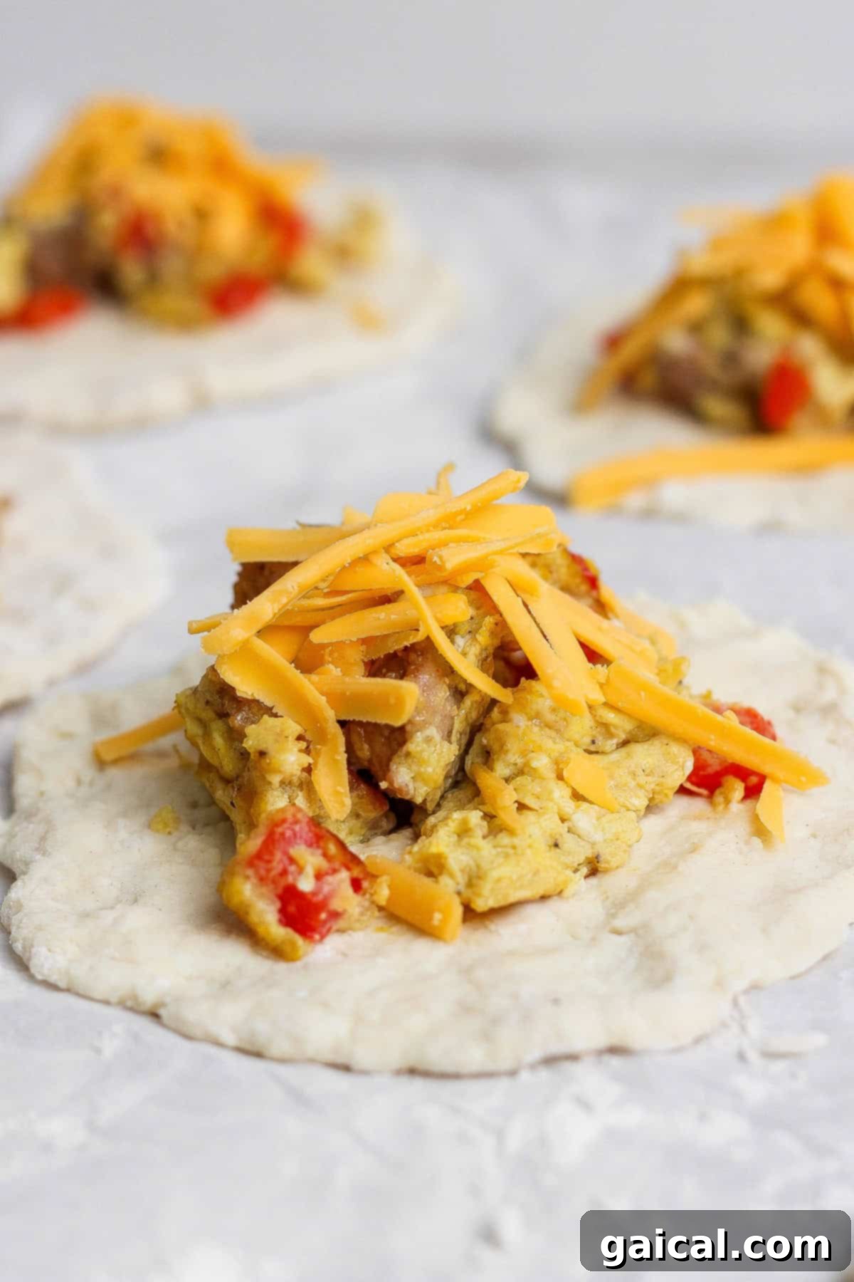 Uncooked dough topped with scrambled eggs, red bell peppers, and shredded cheddar cheese, ready to be assembled