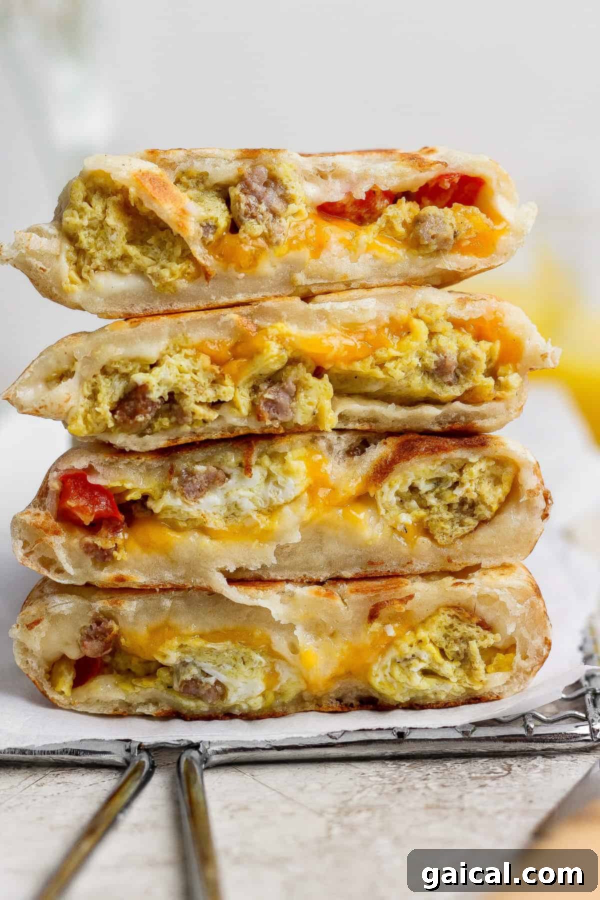 Four breakfast quesadilla wedges stacked on a cooling rack, filled with scrambled eggs, sausage, cheese, and pieces of tomato.