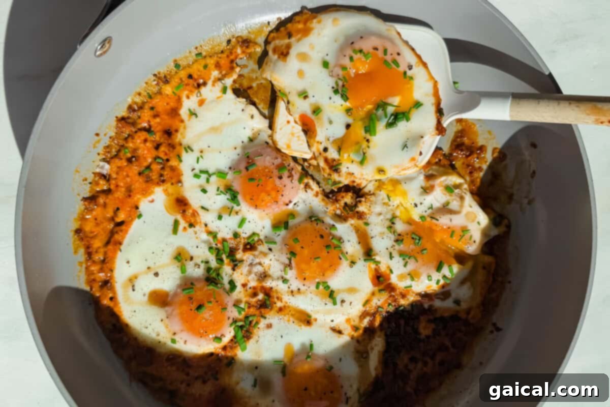 Delicious heavy cream fried eggs in a skillet