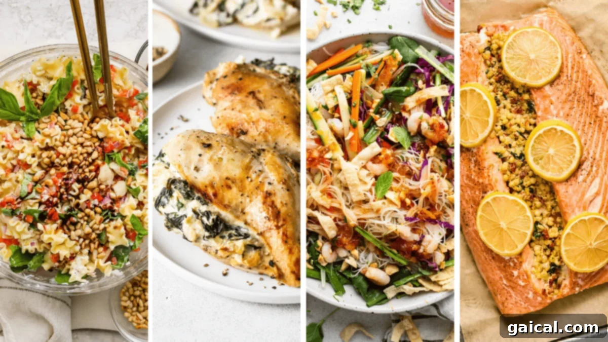 Four food dishes: a pasta salad with pine nuts, stuffed chicken breasts, a noodle salad with vegetables, and a baked salmon fillet topped with lemon slices and a crumb mixture. Each dish showcases fresh, vibrant ingredients suitable for spring.