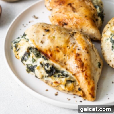 Juicy spinach stuffed chicken breast, baked to perfection with a golden crust.