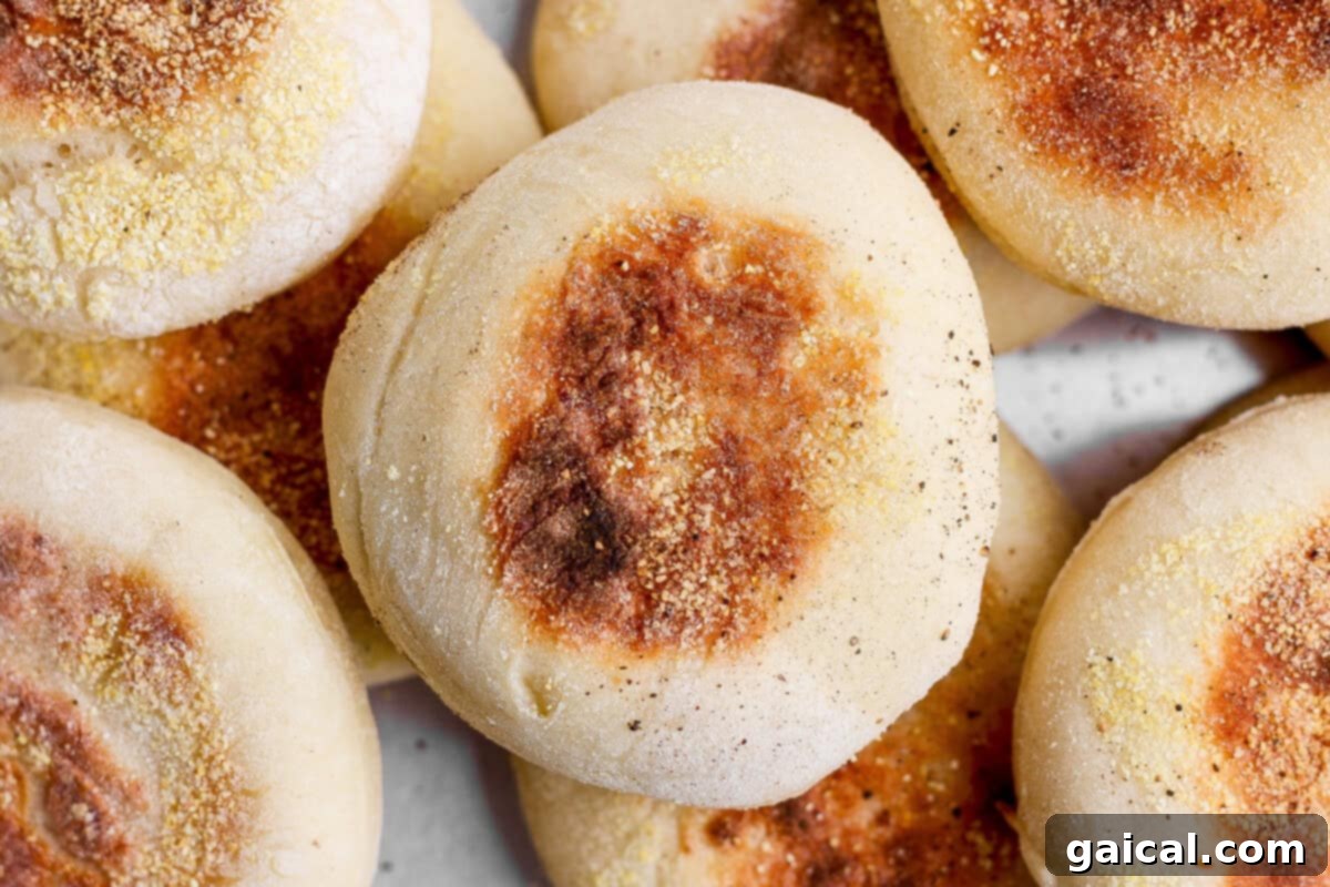 Protein Packed Cottage Cheese English Muffins 2 A close-up photo of several golden-brown English muffins sprinkled with cornmeal, perfectly cooked and ready to serve.