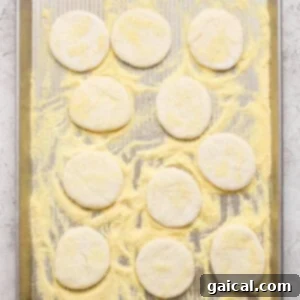 Protein Packed Cottage Cheese English Muffins 13 A baking sheet with twelve round, uncooked dough pieces on a layer of cornmeal, covered with plastic wrap, ready for the second rise.