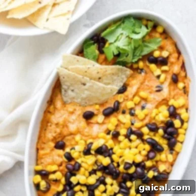 Next Level Street Corn Creations 12 A creamy bowl of vegan Mexican street corn queso dip with black beans and corn.