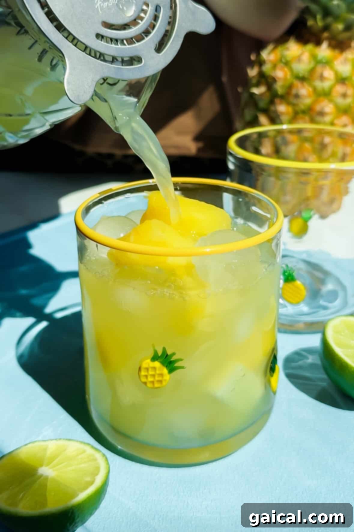 Pouring the pineapple margarita mixture from a shaker into a prepared glass filled with ice and pineapple chunks.