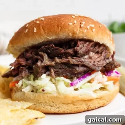 Shredded beef sandwich with coleslaw served on a sesame seed bun, with potato chips on the side.