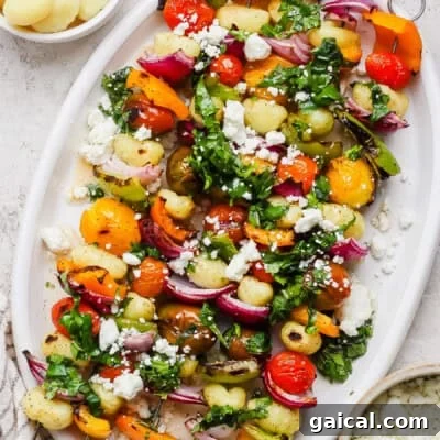 A white platter with gnocchi, roasted cherry tomatoes, bell peppers, red onions, fresh greens, and crumbled feta cheese.